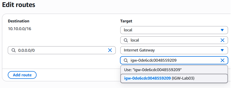Edit routes IGW
