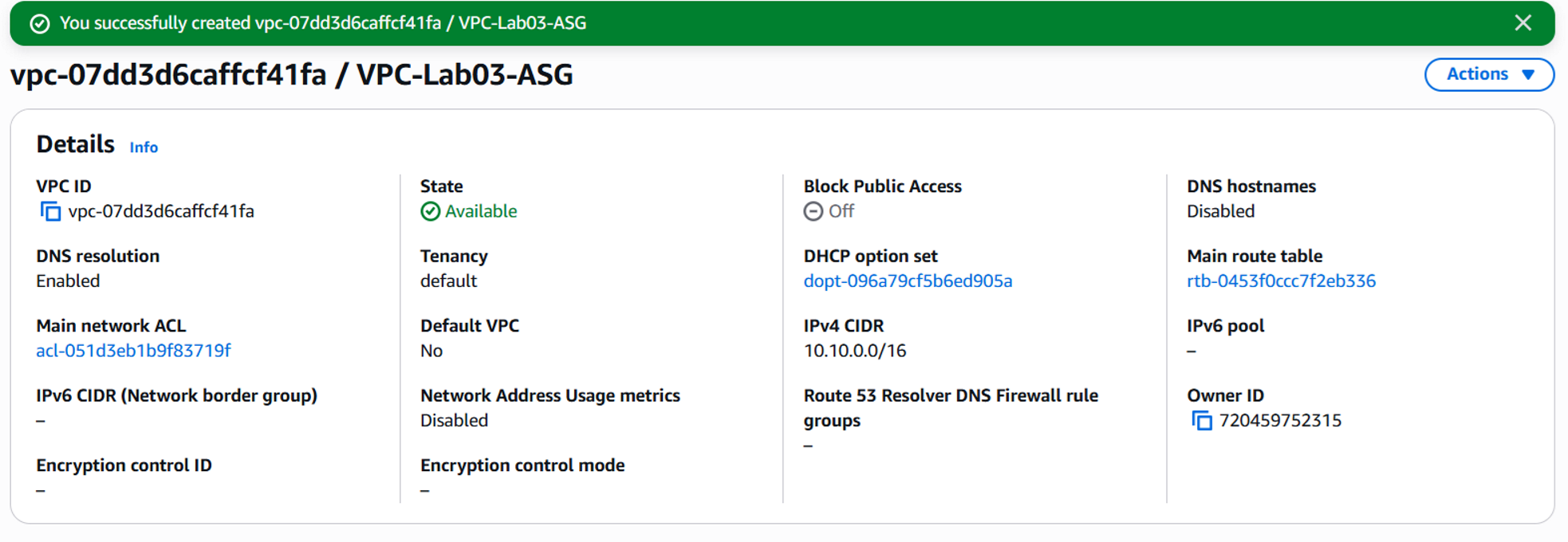 VPC created successfully