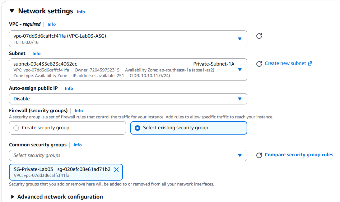 Network settings private EC2