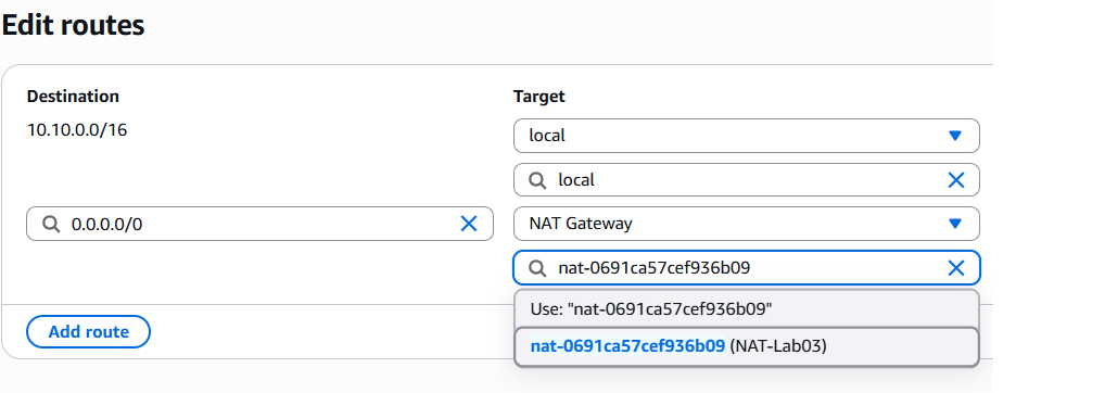 Edit routes for NAT Gateway