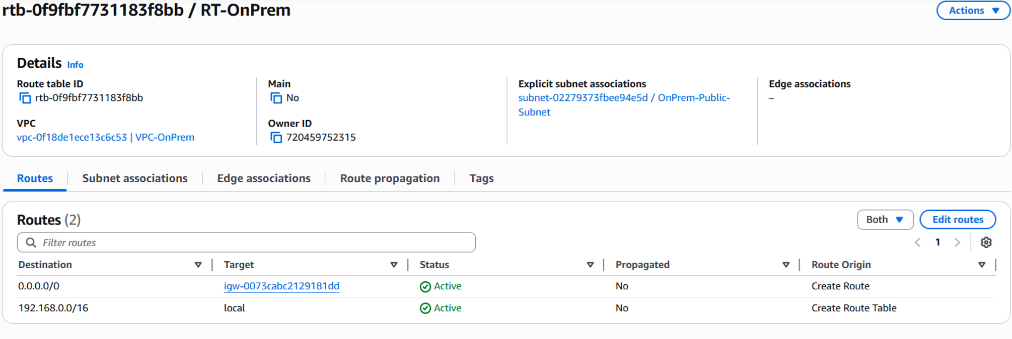 Route Table OnPrem