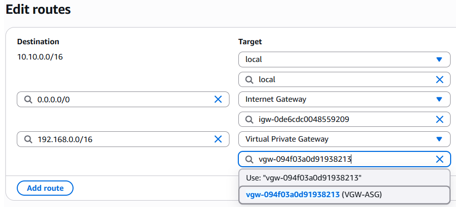 VGW Routing configuration