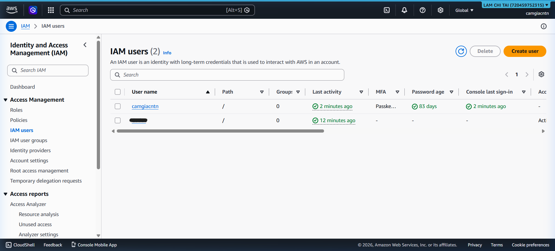 IAM users list