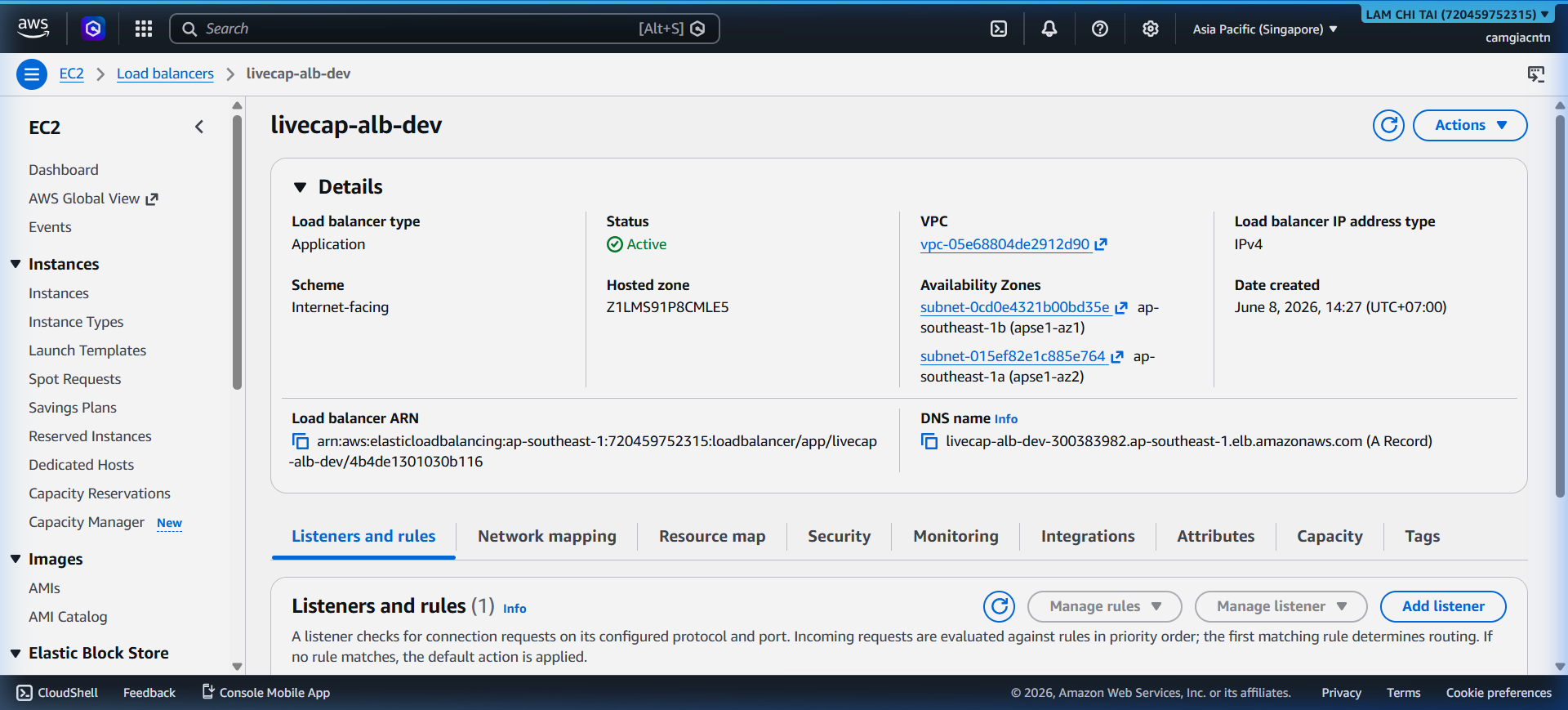ALB detail showing target groups and listener rules