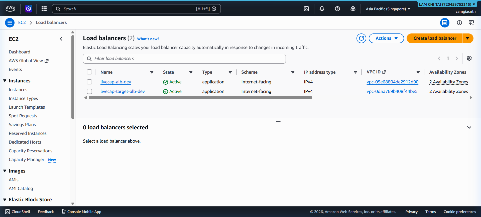 Application Load Balancer list showing livecap ALB