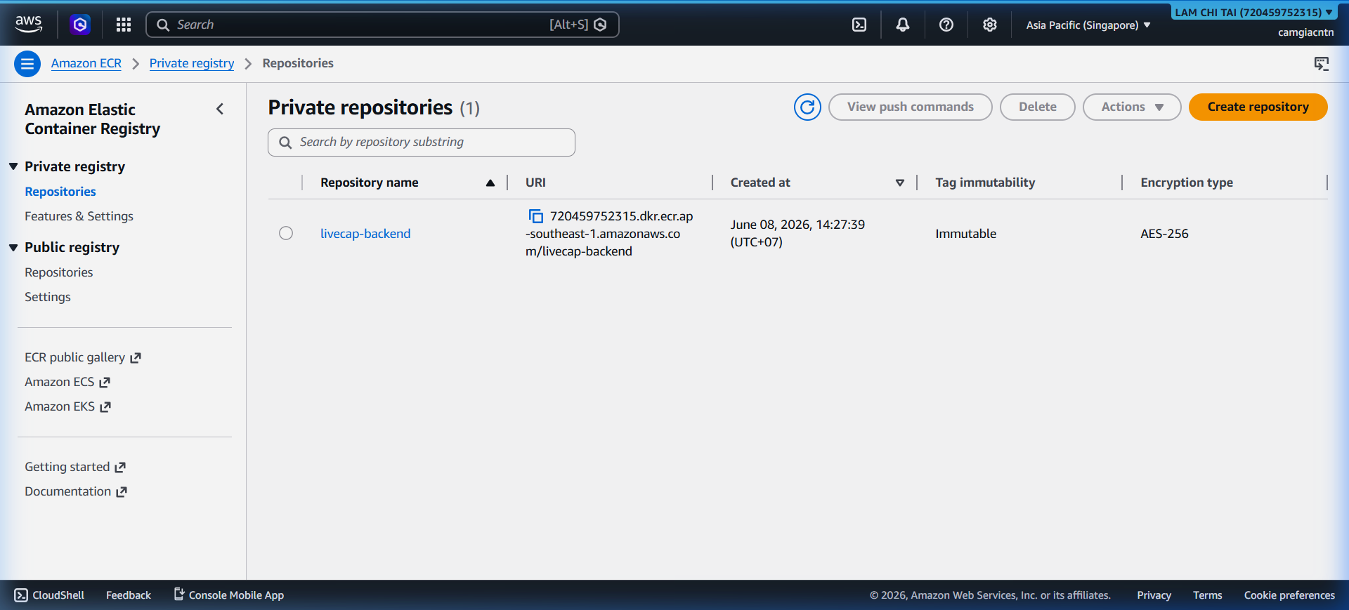 ECR repository list showing livecap-backend repository