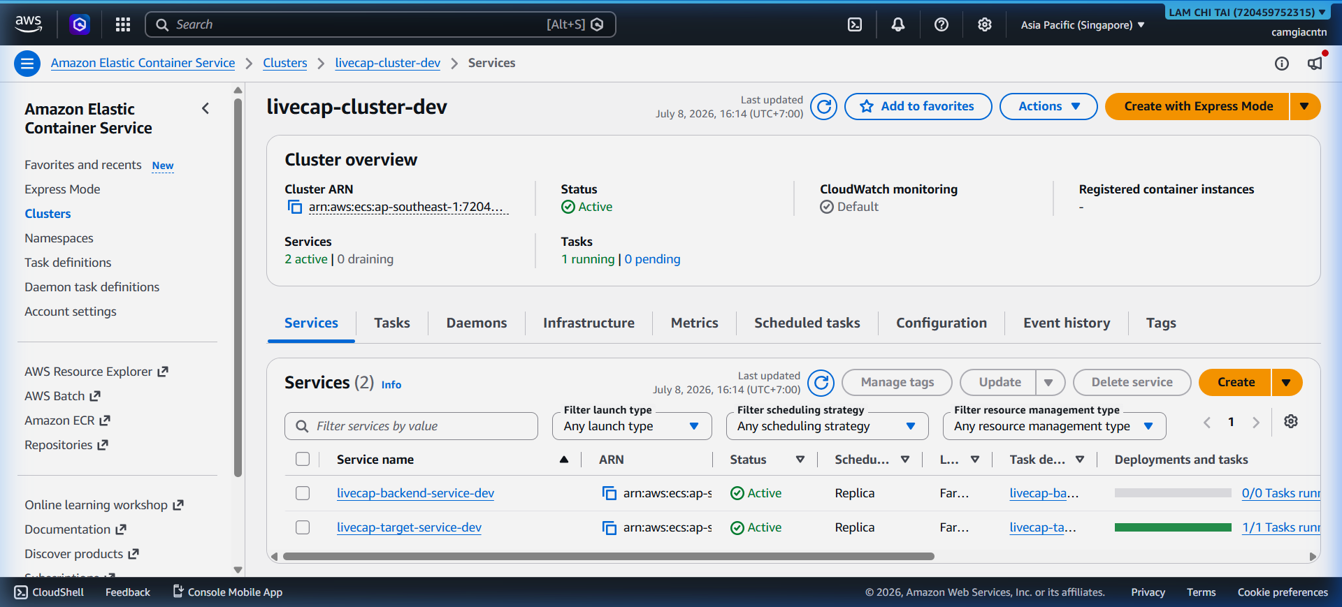 ECS cluster detail page showing livecap-cluster-dev with services