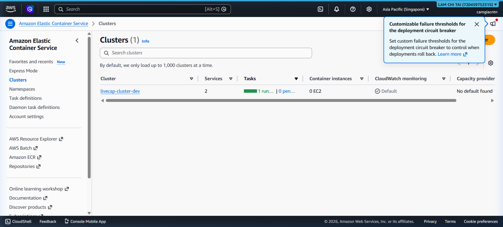 ECS cluster list showing livecap-cluster-dev with 1 running task