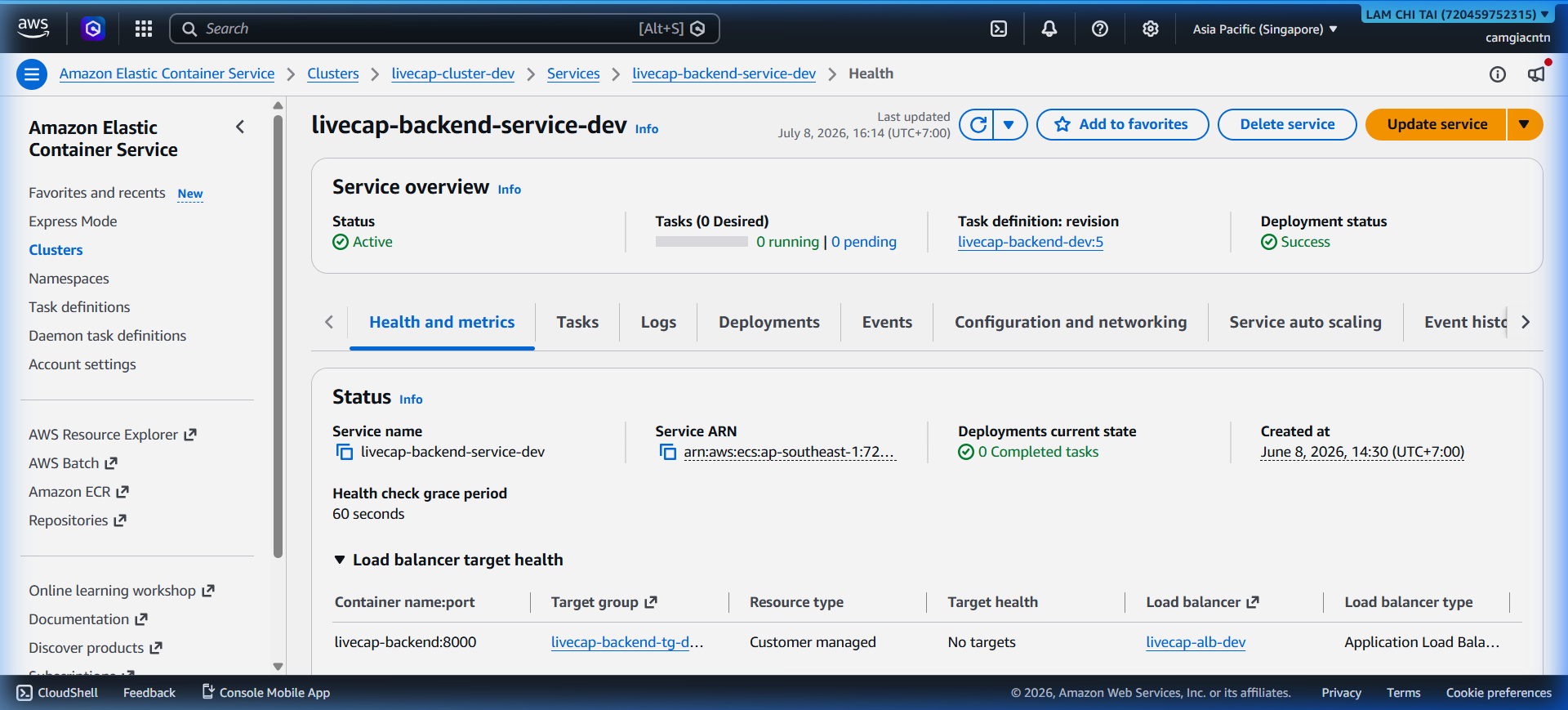 ECS service detail showing 1 running task and service status ACTIVE