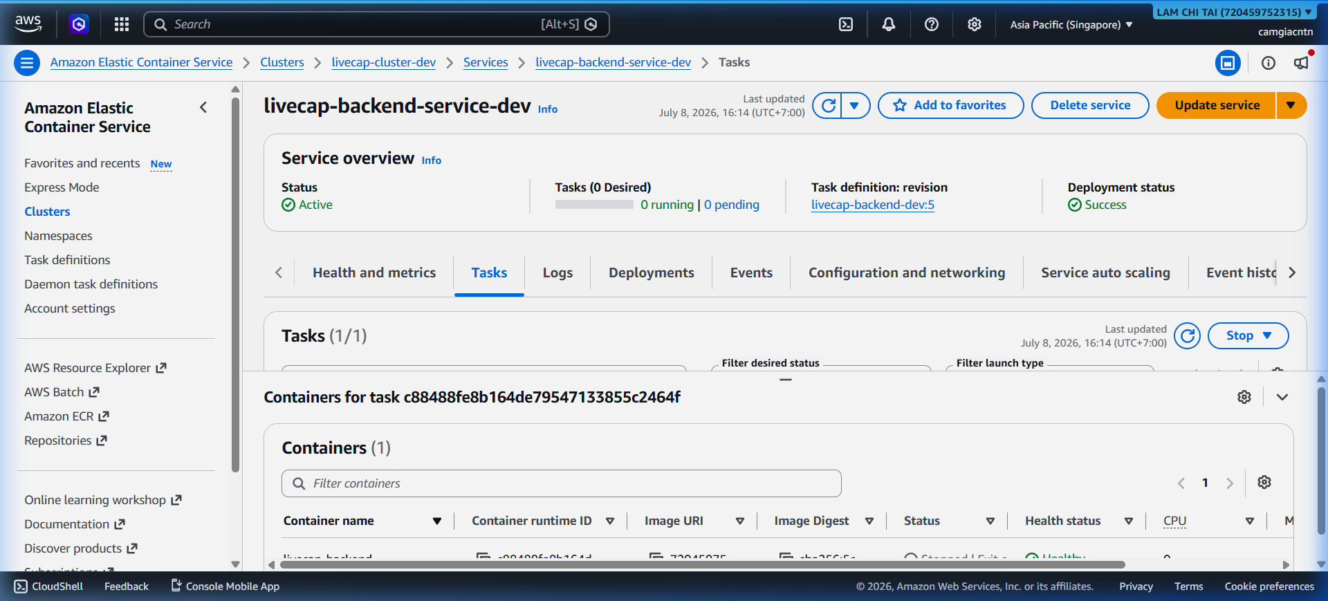 ECS tasks tab showing one running task with its task ID and status