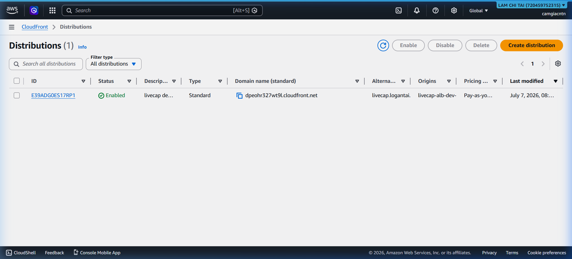 CloudFront distribution list showing the livecap distribution with Deployed status