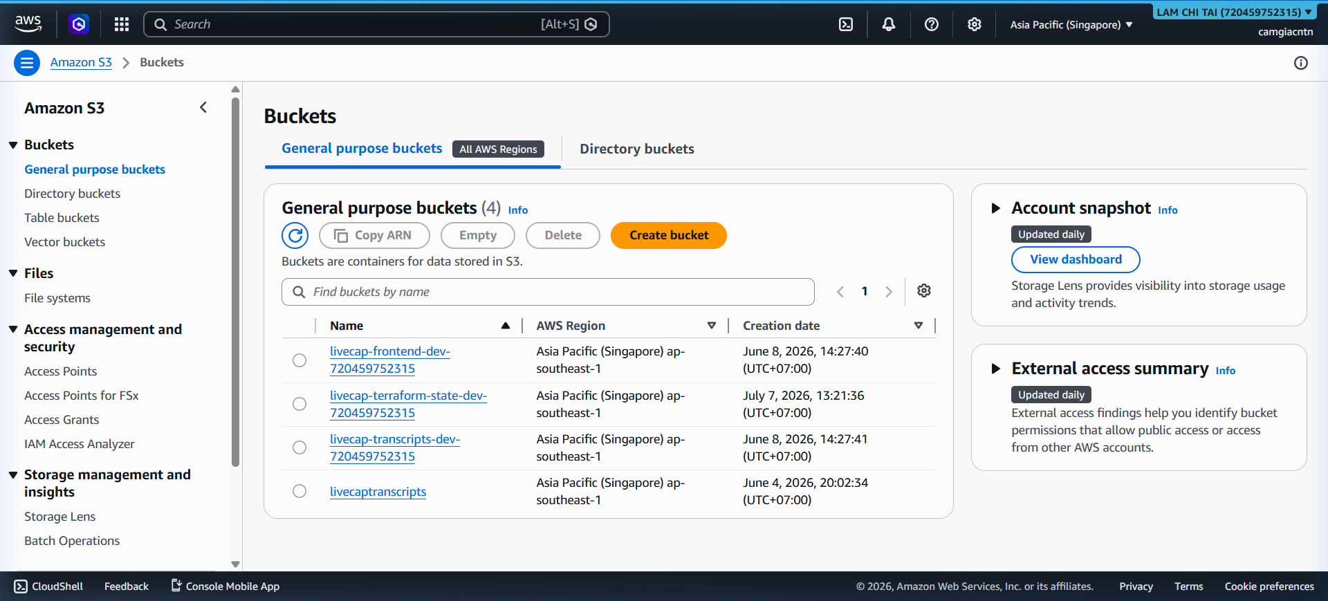 S3 bucket list showing frontend and transcript buckets