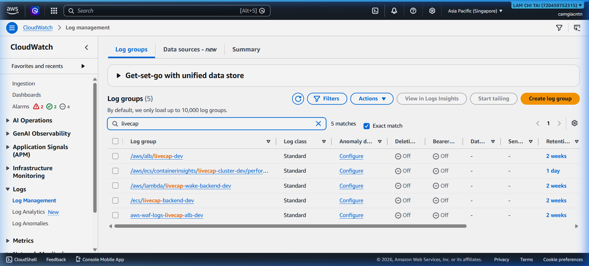 Livecap log group detail with log streams