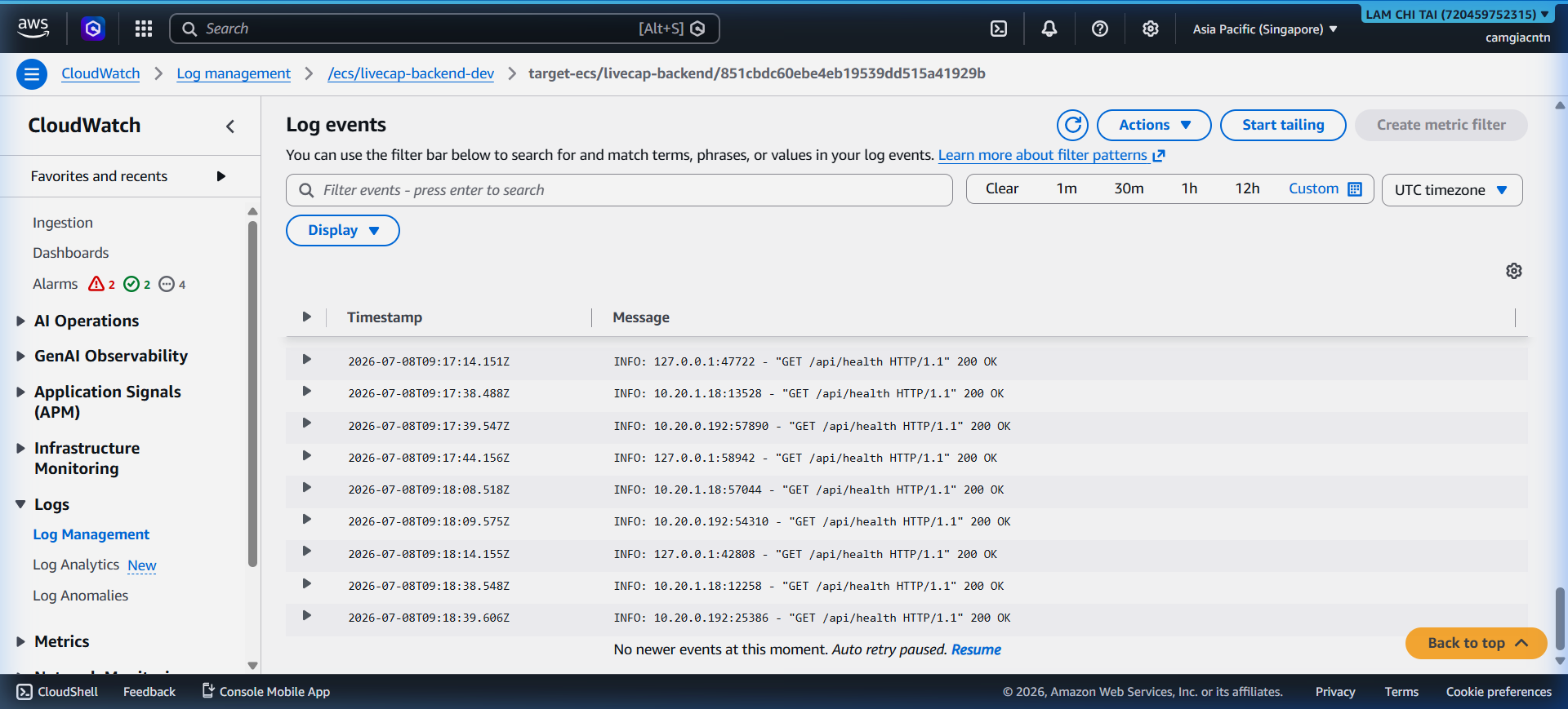 Sample log events from a live transcription session