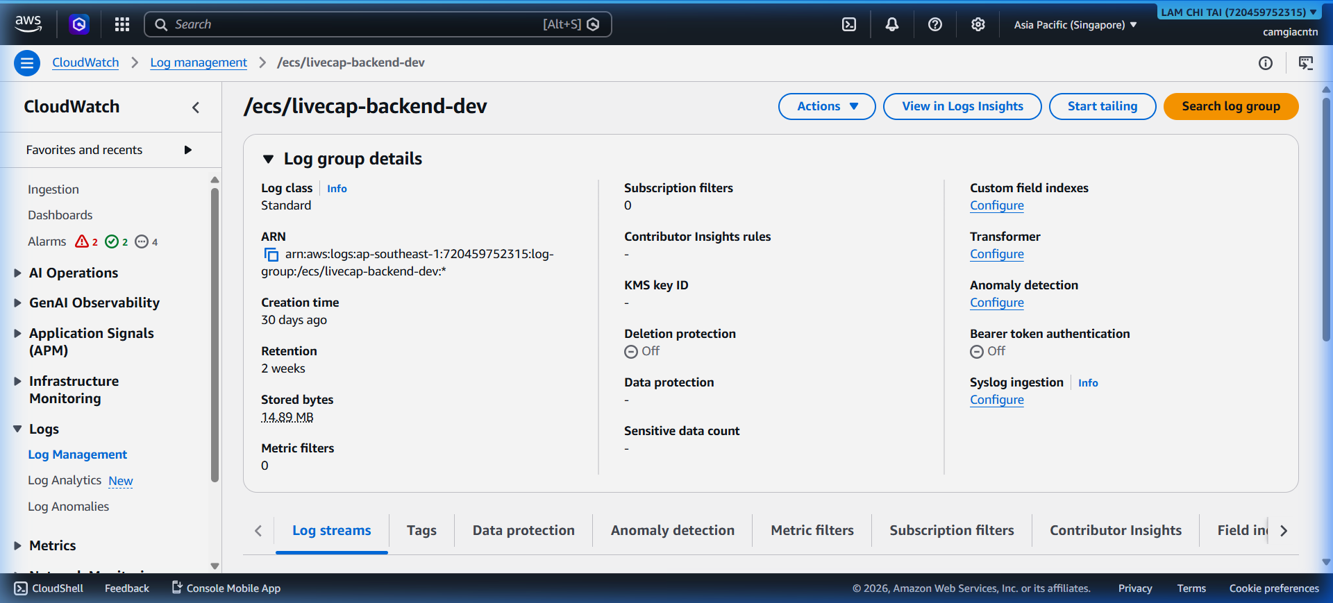 CloudWatch log stream detail showing backend session events