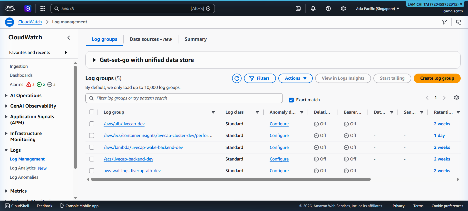 CloudWatch log groups showing the livecap log group