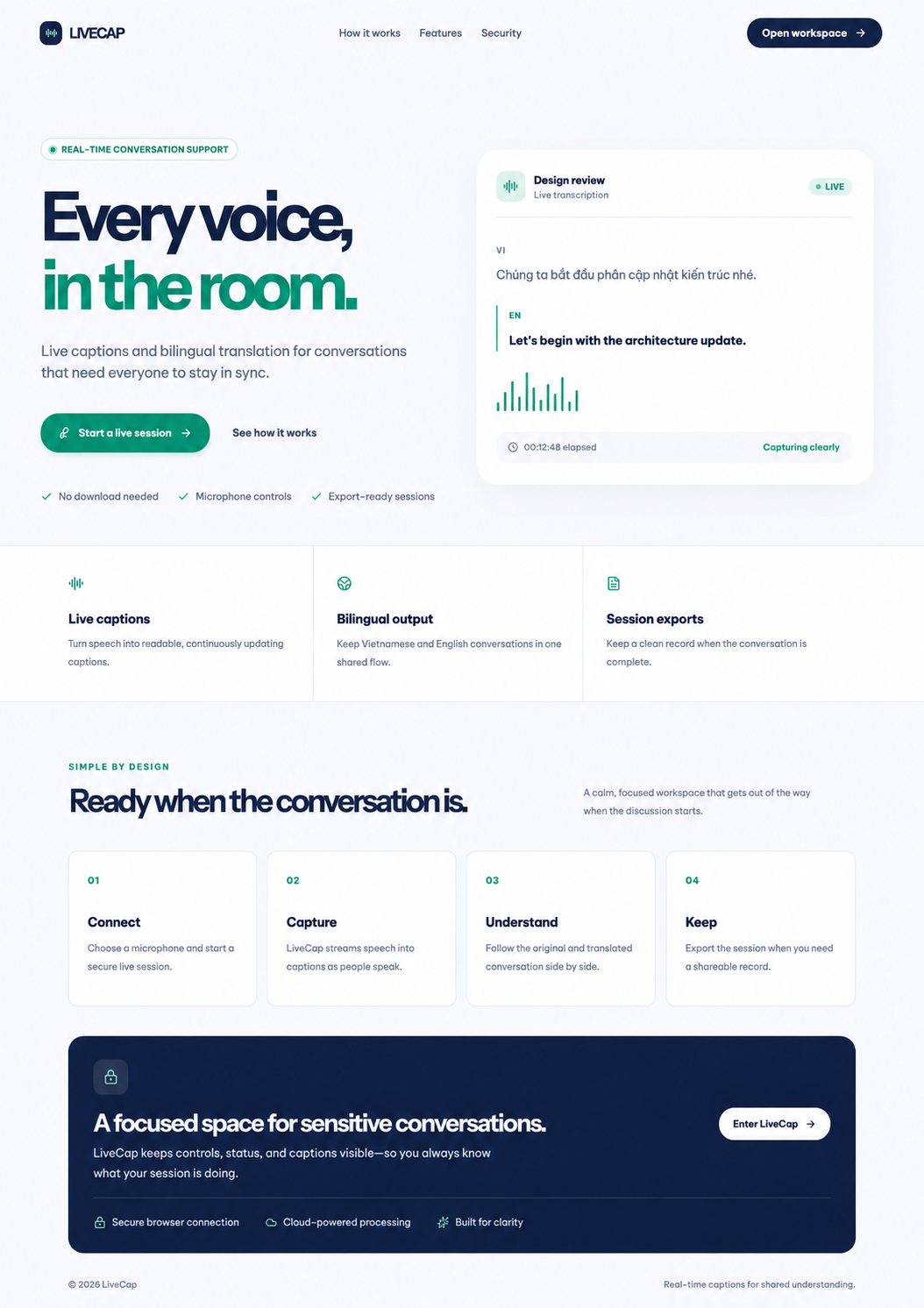 LiveCap landing page showing hero section with bilingual caption preview card