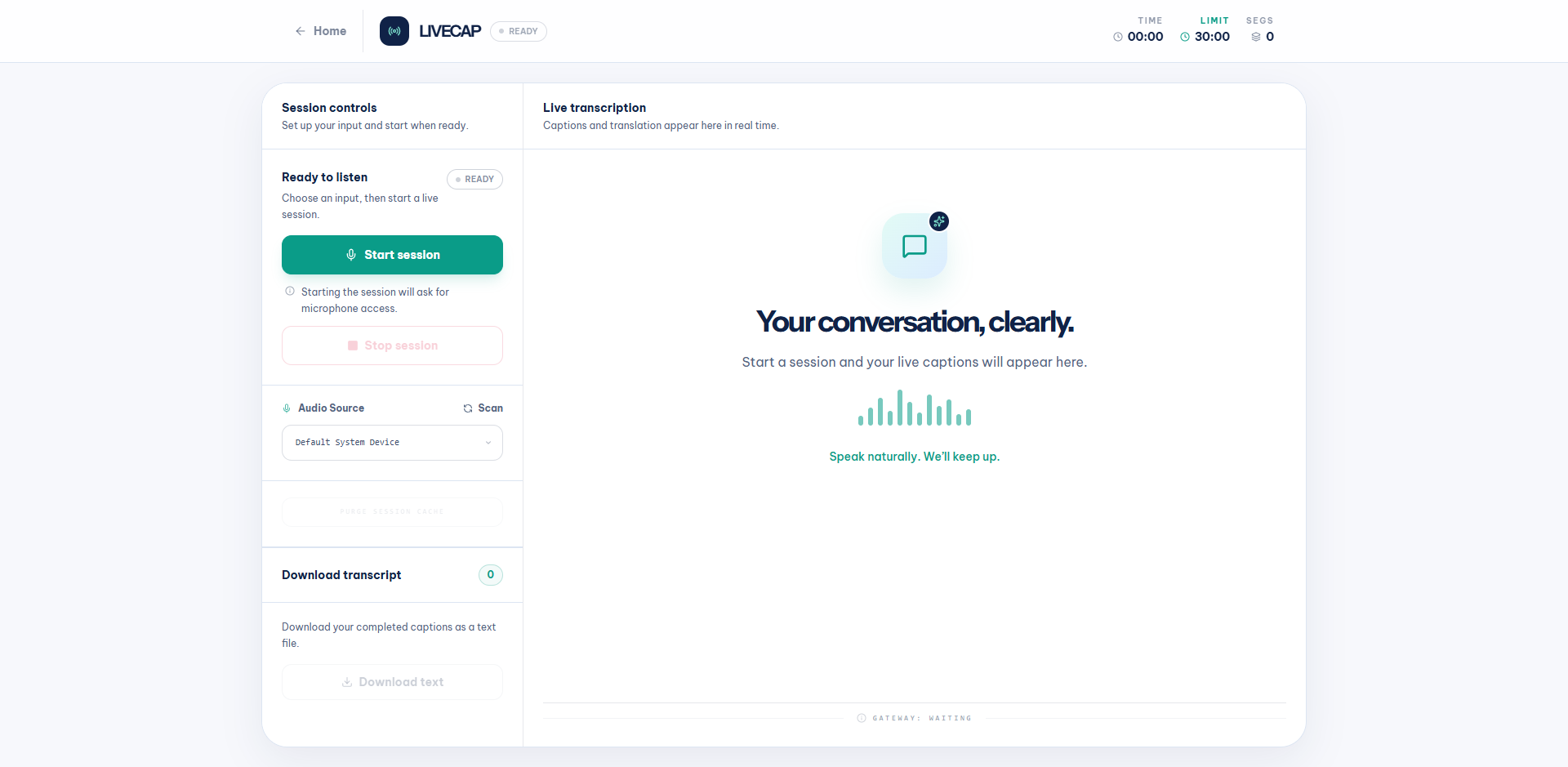 LiveCap dashboard in ready state showing Start session button and audio source selector
